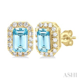 5x3 MM Octagonal Shape Aquamarine and 1/8 ctw Single Cut Diamond Halo Semi Precious Stud Earrings in 10K Yellow Gold
