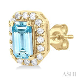 5x3 MM Octagonal Shape Aquamarine and 1/8 ctw Single Cut Diamond Halo Semi Precious Stud Earrings in 10K Yellow Gold