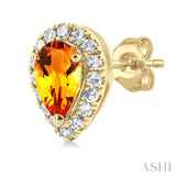 5x3 MM Pear Shape Citrine and 1/8 ctw Single Cut Diamond Halo Semi Precious Stud Earrings in 10K Yellow Gold