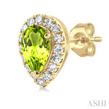 5x3 MM Pear Shape Peridot and 1/8 ctw Single Cut Diamond Halo Semi Precious Stud Earrings in 10K Yellow Gold