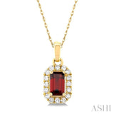 5x3 MM Octagonal Shape Garnet and 1/20 ctw Single Cut Diamond Halo Semi Precious Pendant with Chain in 14K Yellow Gold
