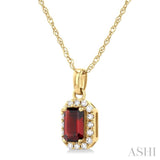5x3 MM Octagonal Shape Garnet and 1/20 ctw Single Cut Diamond Halo Semi Precious Pendant with Chain in 14K Yellow Gold