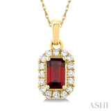 5x3 MM Octagonal Shape Garnet and 1/20 ctw Single Cut Diamond Halo Semi Precious Pendant with Chain in 14K Yellow Gold