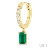 5x3 MM Emerlad Cut Emerald and 1/8 ctw Round Cut Diamond Precious Petite Fashion Huggies in 10K Yellow Gold