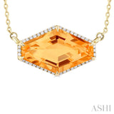 16x10 MM Hexagon Shape Citrine and 1/10 ctw Round Cut Diamond Halo Semi Precious Pendant With Chain in 14K Yellow Gold
