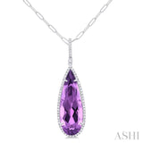 26x9 MM Pear Cut Amethyst and 1/4 ctw Round Cut Diamond Halo Semi Precious Pendant With Chain in 14K White Gold