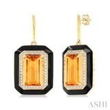 12x8 MM Emerald Cut Citrine and 1/3 ctw Round Cut Diamond Halo & Black Enamel Border Semi Precious Earrings in 14K Yellow Gold