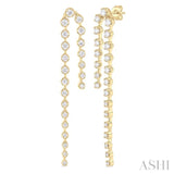 1 ctw Round Cut Diamond Asymmetrical Twin Row Fashion Long Earrings in 14K Yellow Gold