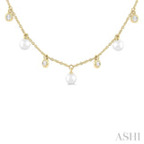 4 MM Round Shape Cultured Pearl and 1/4 ctw Round Cut Diamond Station Necklace in 14K Yellow Gold