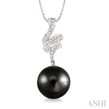 10x10mm Cultured Black Pearl and 1/8 Ctw Round Cut Diamond Pendant in 14K White Gold with Chain