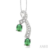 5x4MM Oval Cut Emerald and 1/6 Ctw Round Cut Diamond Pendant in 14K White Gold with Chain